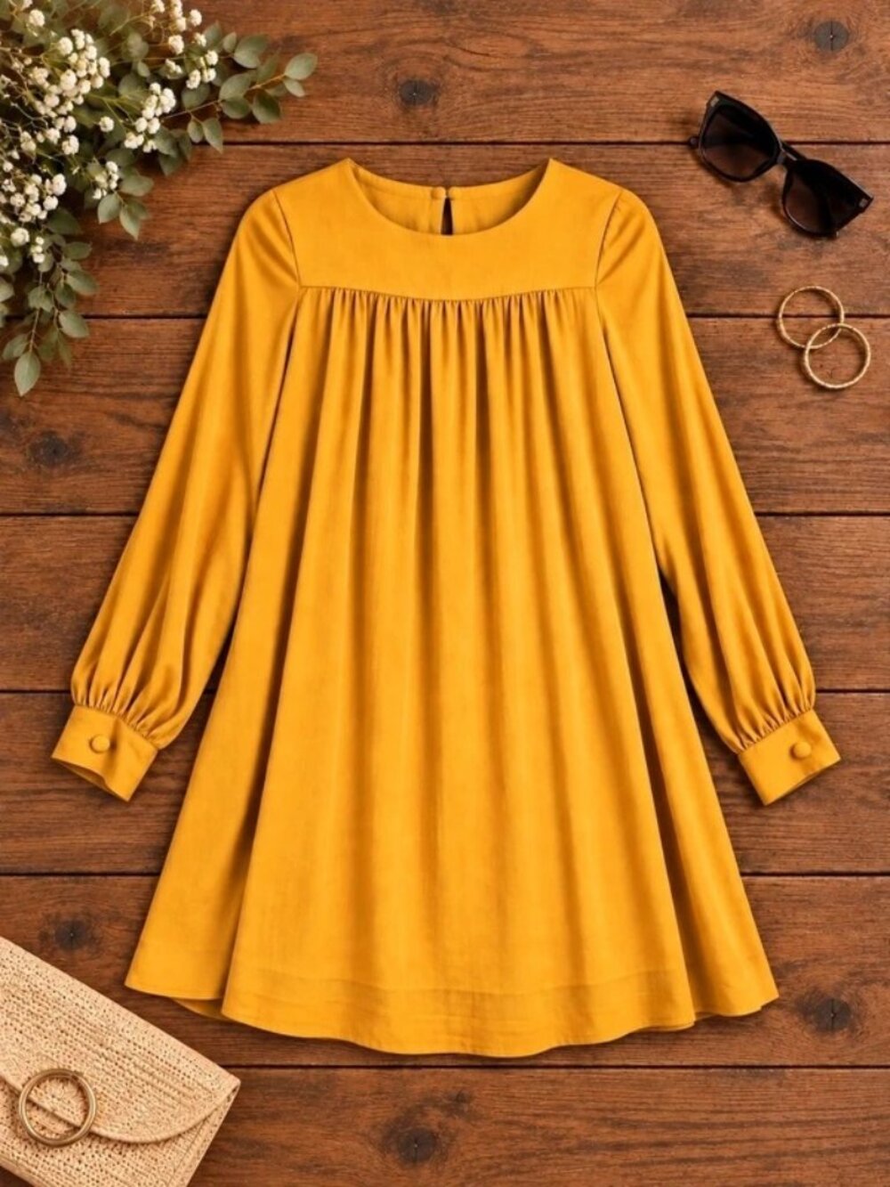 H&M Mustard Yellow Long Sleeve Babydoll Mini Dress Size 6